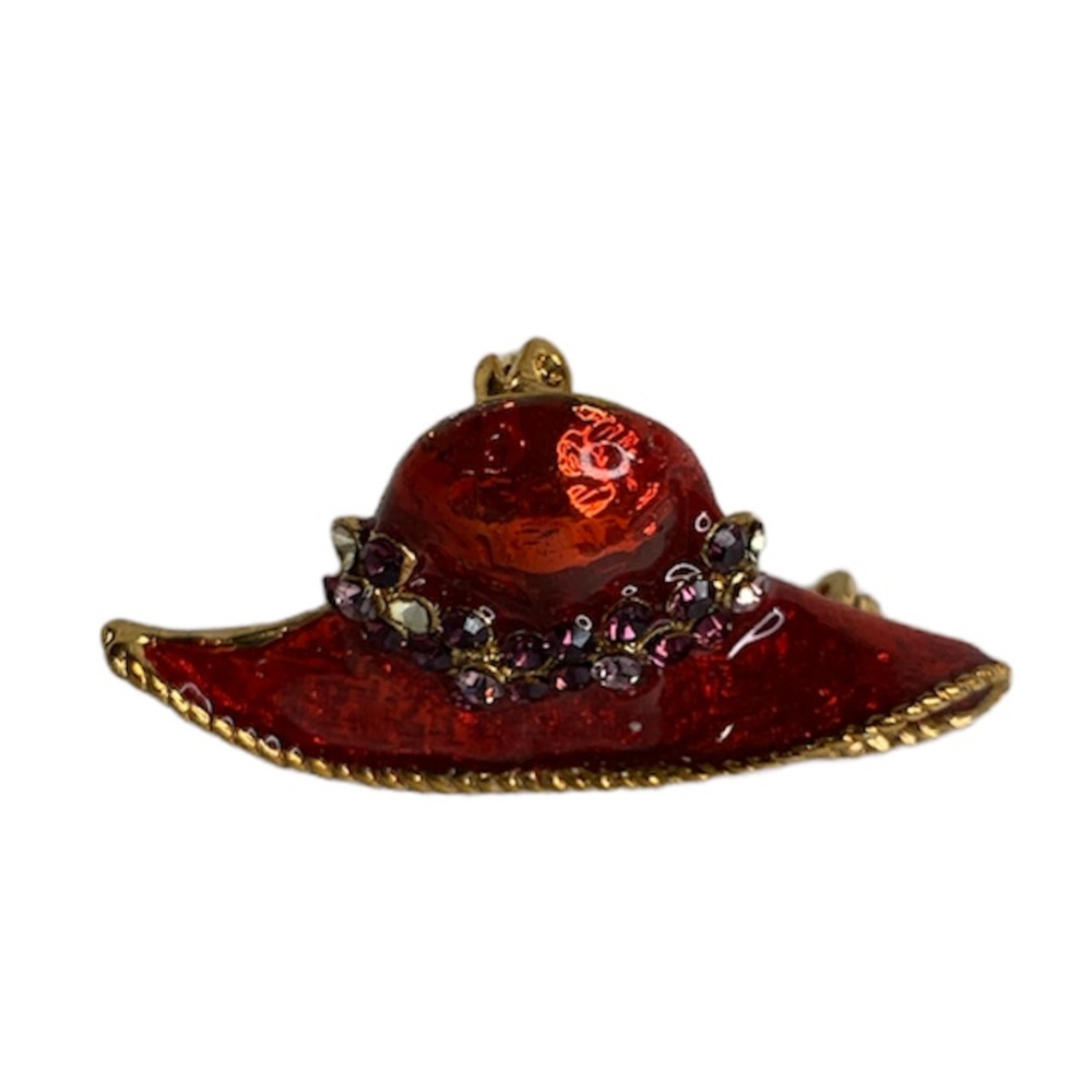 Gold Tone Red Enamel Purple And Clear Rhinestone Accented Red Hat Society Brooch